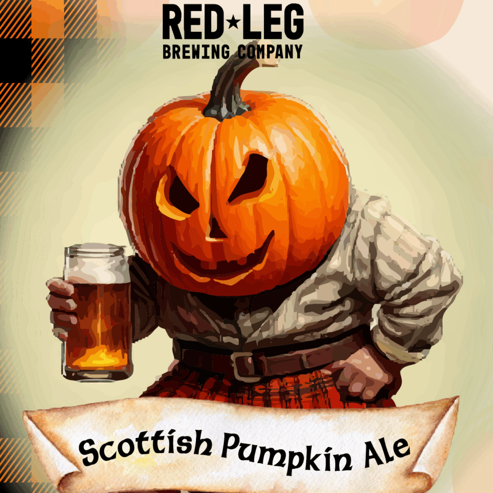 Jack-o-lantern in a kilt holding a beer