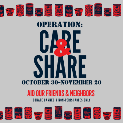 Cartoon vintage cans of food and Operation: Care & Share text