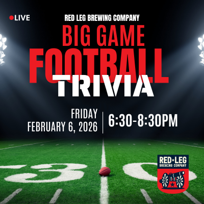 Big Game Football Trivia at Red Leg with football on field and stadium lights