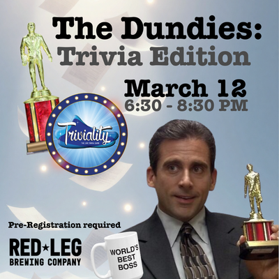 The Dundie Award Trivia Nighrt Event info and a photo of Michael and a Dundie